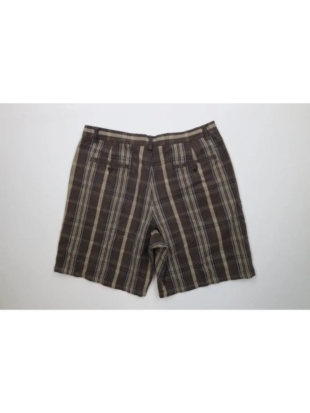Vintage 90s Y2K J Crew Mens 36 Faded Button Fly Canvas Cotton Shorts Brown Plaid